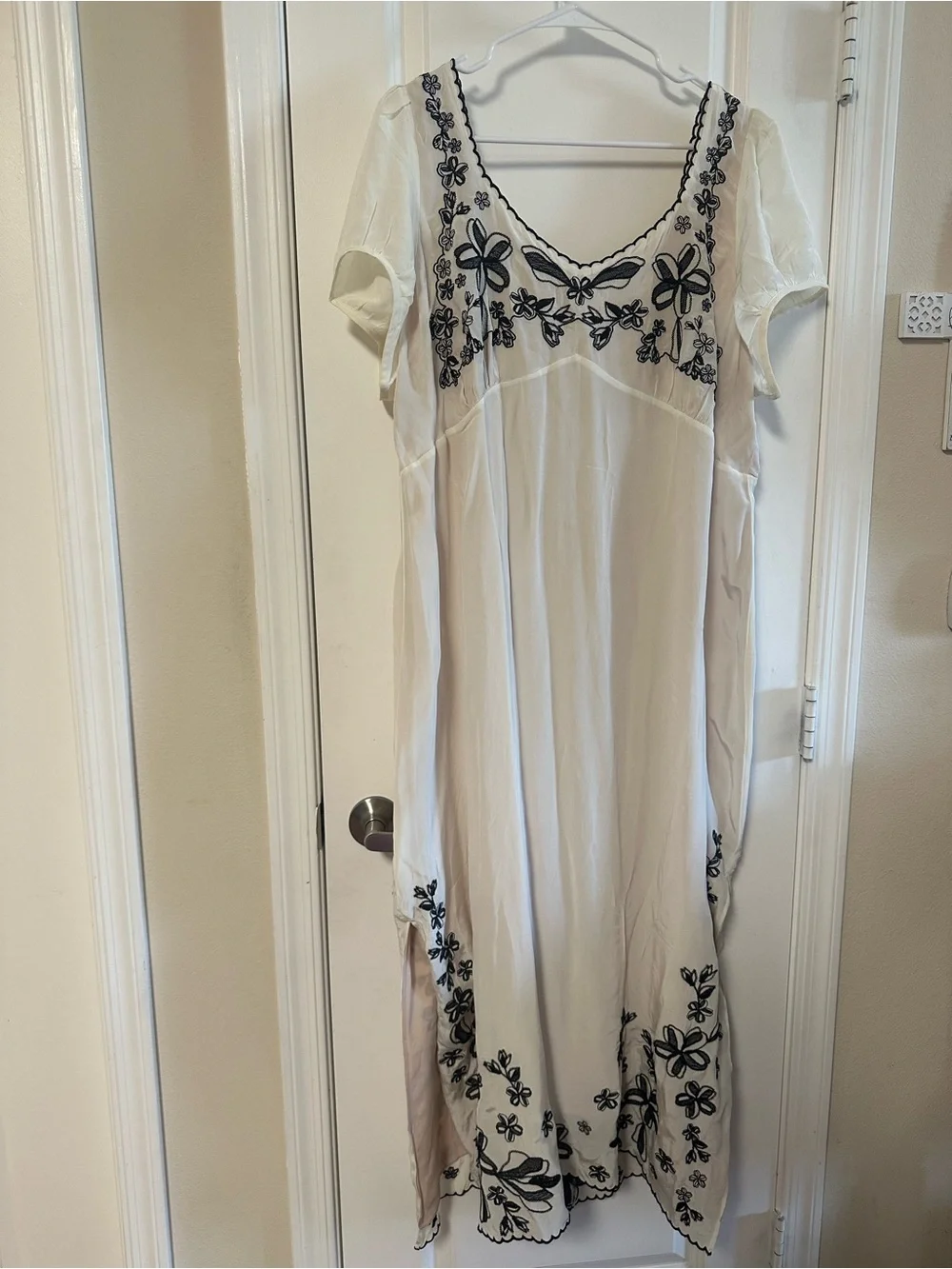 J. Crew Ivory Maxi Dress with Black Floral Embroidery